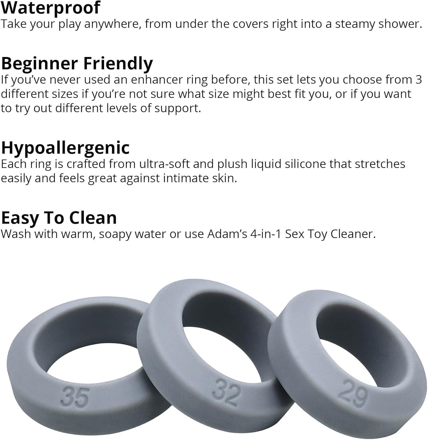 imageAdam ampamp Eve 3 Pc Comfort Enhancers Stretchy Penis Rings Liquid Silicone Boosts Size and Stamina Non Rolling Design Set of 3 Graduated Sizes Soft and Comfortable Fit Waterproof Easy to Use