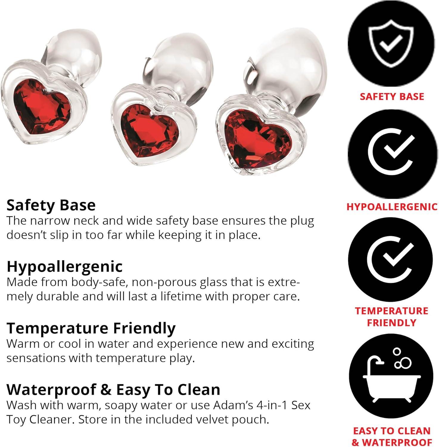 imageAdam ampamp Eve Red Heart Gem Glass Plug Set 3 Piece Anal Training Kit with Small Medium and Large Plugs Tapered Tip for Easy Entry Non Porous Glass for Temperature Play Waterproof Safe with Any Lubes