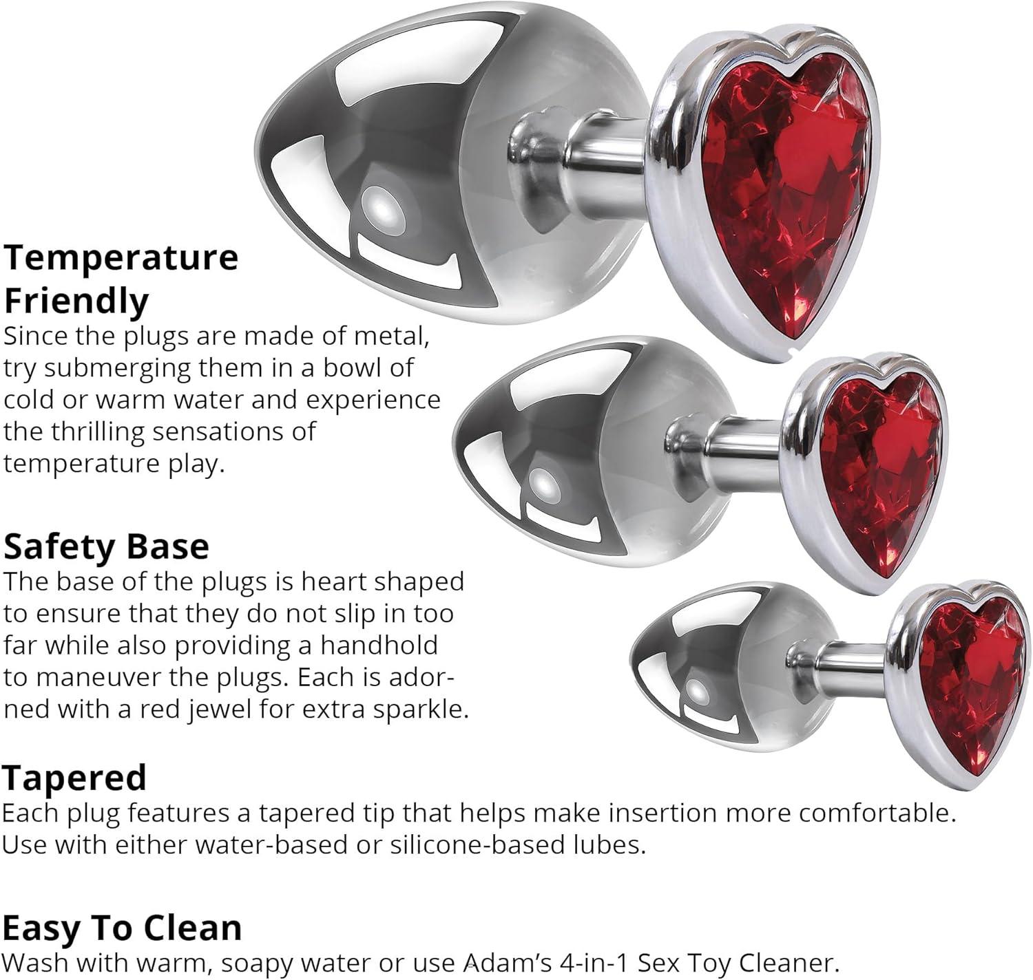 imageAdam ampamp Eve Three Hearts Gem Anal Plug Set 3 Piece Polished Aluminum Butt Plug Kit with Sparkling Jewel Bases Small Medium Large Sizes Tapered Tips for Easy Insertion Includes Velvet Storage Bag