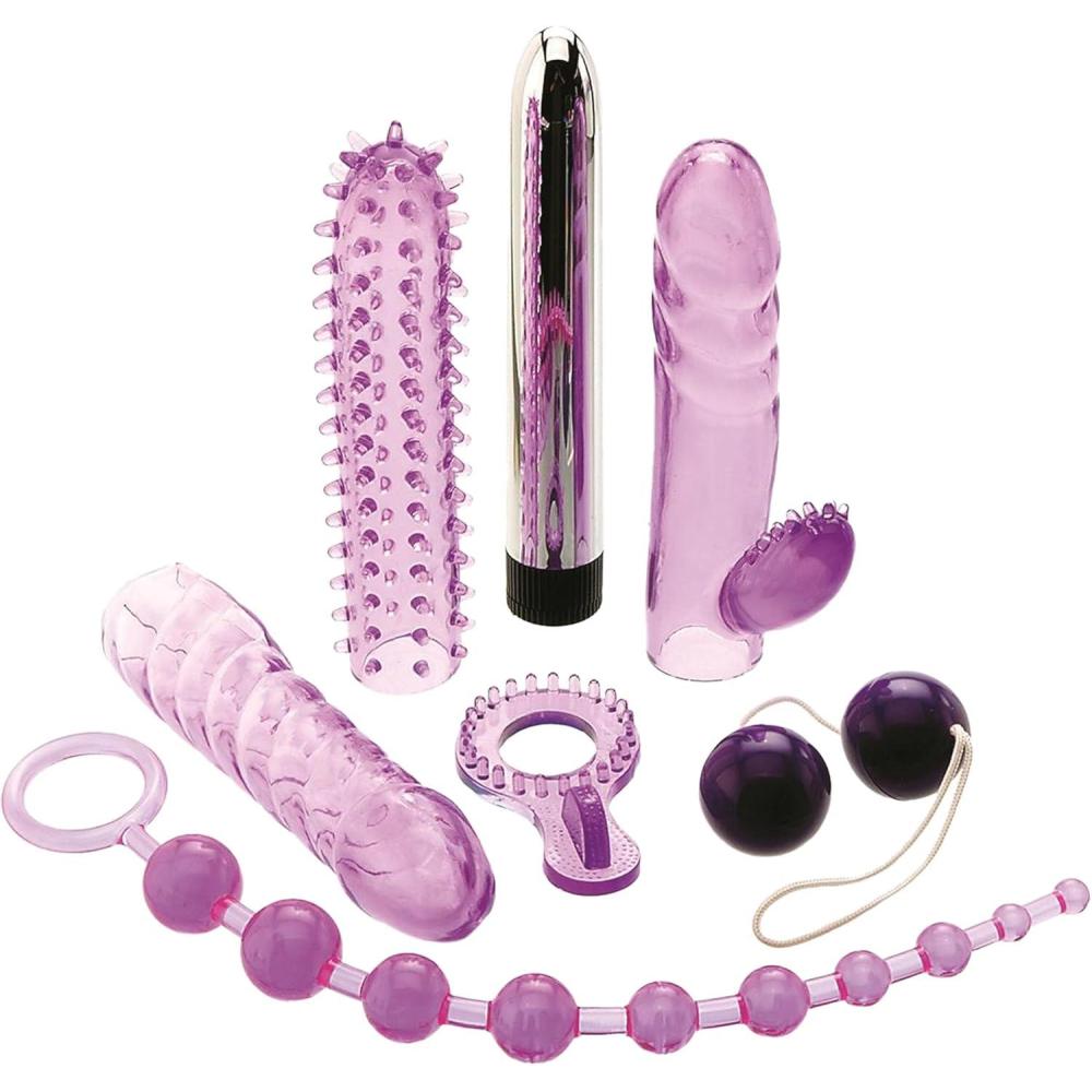 imageAdam ampamp Eve Complete Lovers Kit 7 Piece Couples Sex Toy Set Includes Vibrator Rabbit Sleeve Tickler Sleeve Ribbed Sleeve Penis Ring Anal Beads Kegel Balls Waterproof Body Safe
