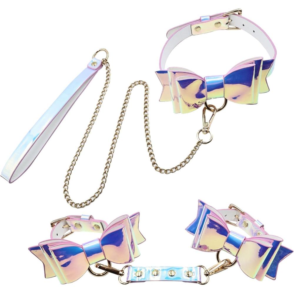 imageAdam ampamp Eve Fairy Bondage Set Iridescent Collar Cuffs Leash ampamp Connector 5 Piece Adjustable Bondage Gear for Couples Faux Leather Bow Tie Collar and Wrist Cuffs with Gold Details Soft and Stylish