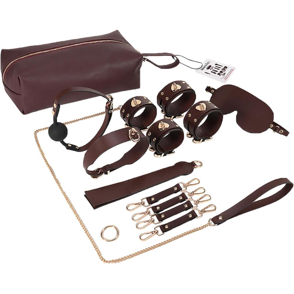 imageAdam ampamp Eve Mahogany Desires Bondage Collection with Travel Case 10 Piece BDSM Set with Leather Cuffs Ball Gag Blindfold Paddle Collar ampamp Leash Hog Tie Connector Adjustable Discreet Travel Case