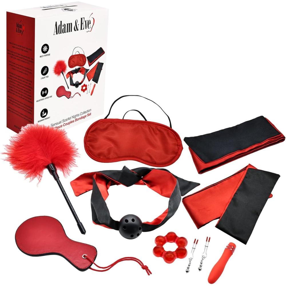 imageAdam ampamp Eve Scarlet Nights Bondage Collection 10 Piece Set with Silk Ties Paddle Ball Gag Nipple Clamps Blindfold Feather Tickler Bullet Vibe Enhancer Ring for Couples Seeking Passion