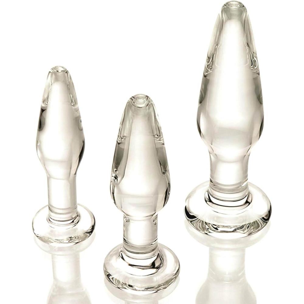 imageAdam and Eve Glass Anal Plug Set of 3 Hypoallergenic Non Porous Butt Plugs Smooth Tempered Borosilicate Glass for Backdoor Training and Temperature Play Small Medium Large Sizes for Women and Men