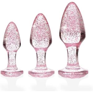 Adam & Eve Glitter Gem Butt Plug Set, 3 Piece Acrylic Anal Trainer Kit, Small Medium Large Plugs for Beginners & Advanced, Lightweight with Sparkling Gem Base, Body Safe, Waterproof, Easy Clean, Pink