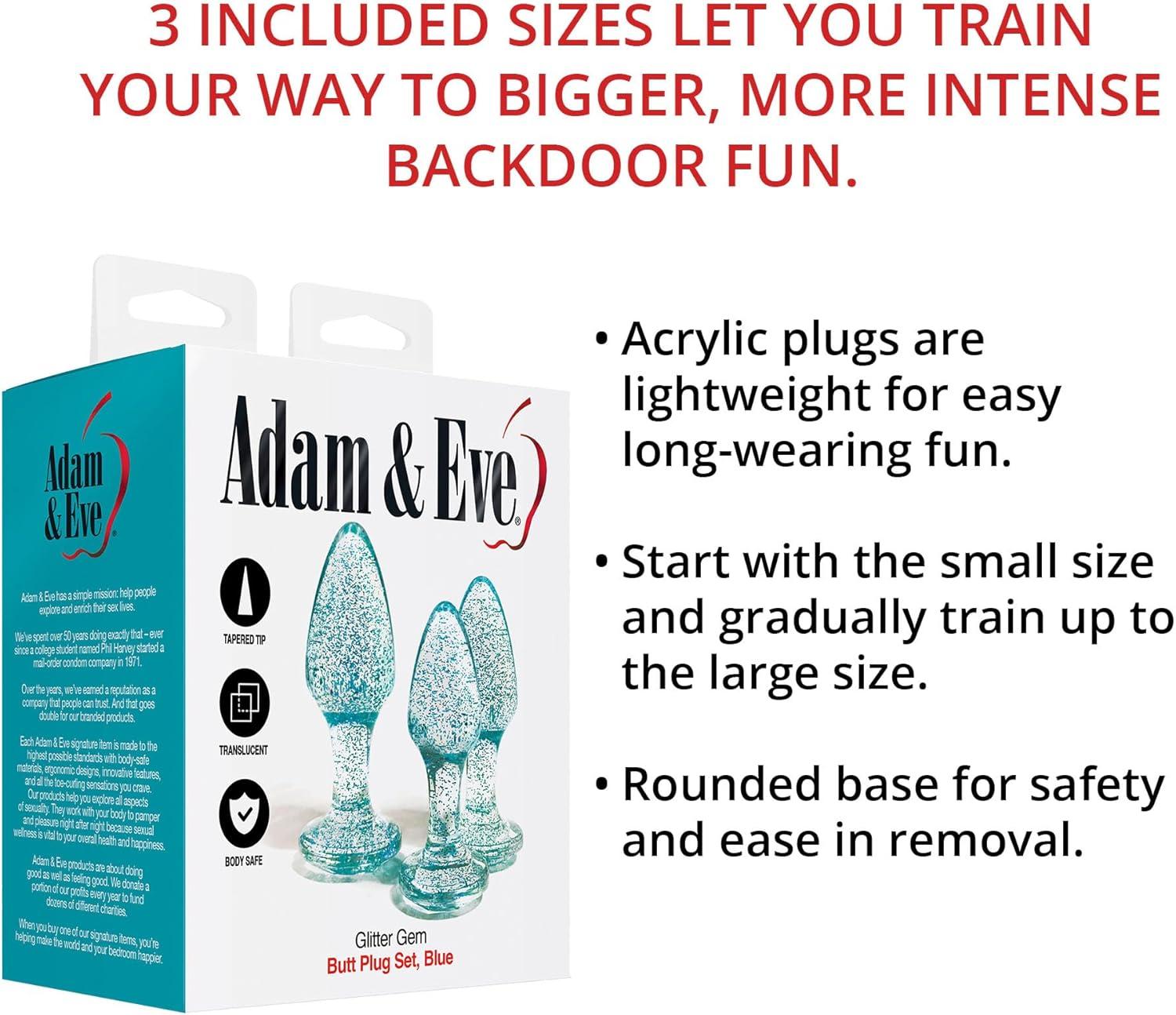 imageAdam ampamp Eve Glitter Gem Butt Plug Set 3 Piece Acrylic Anal Trainer Kit Small Medium Large Plugs for Beginners ampamp Advanced Lightweight with Sparkling Gem Base Body Safe Waterproof Easy Clean Blue