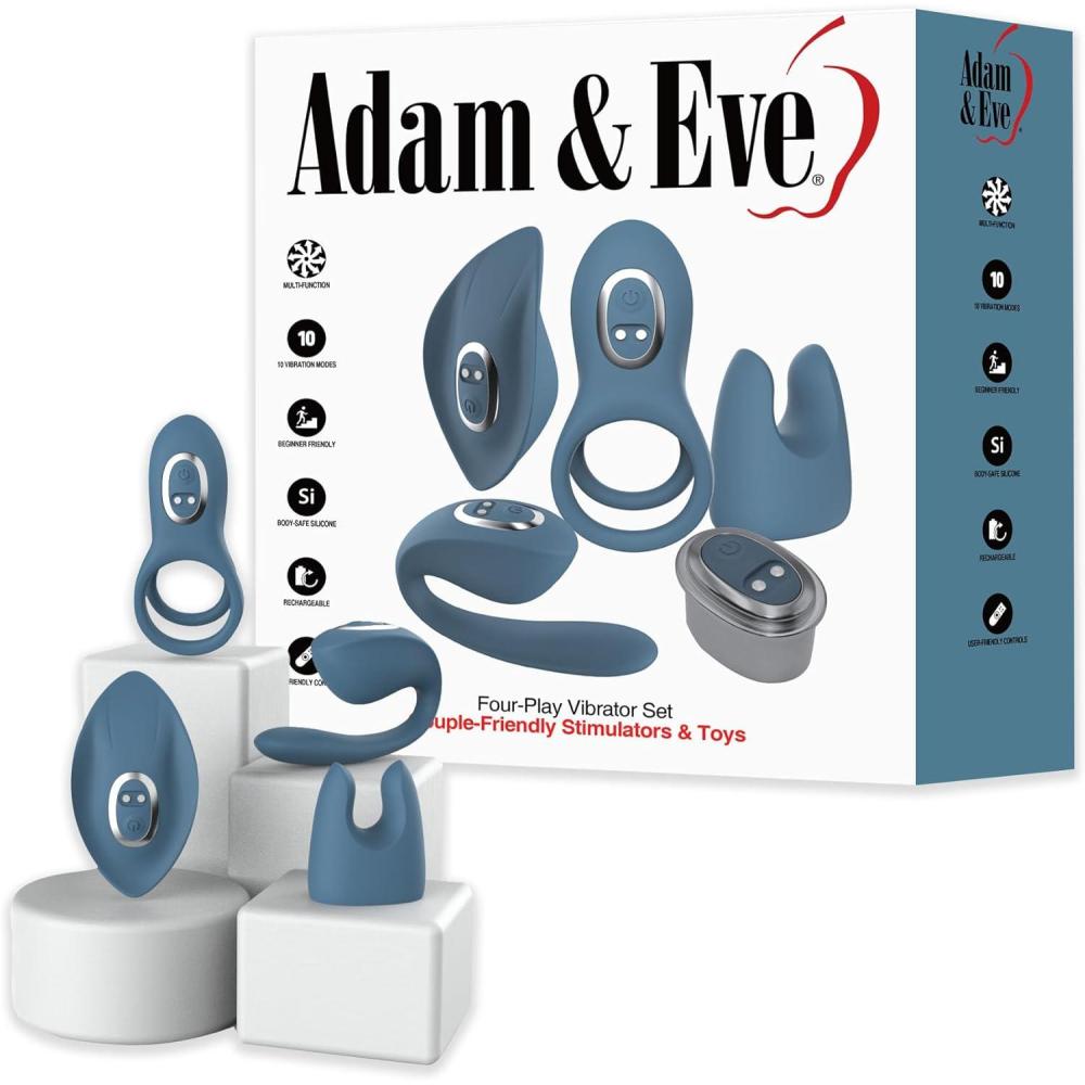 imageAdam ampamp Eve Four Play Vibrator Set 5 Piece Couples Kit with Rechargeable Vibrating Base Rabbit Sleeve Body Massager Double Penis Ring and Couples Stimulator 10 Vibration Modes Silicone and ABS