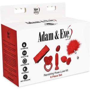 Adam and Eve Ravishing Rose 6 Piece Luxe Kit, Couples Sex Toy Set with Vibrating Finger Ring Bullet Plug and Penis Ring, Rose Themed Bondage Sash and Feather Tickler for Romantic Play